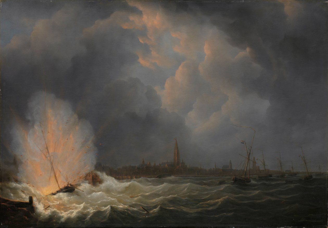 A 2-es számú lövegcsónak felrobbanása Jan van Speijk parancsnoksága alatt, Antwerpen mellett, 1831. február 5. alkotó: Martinus Schouman