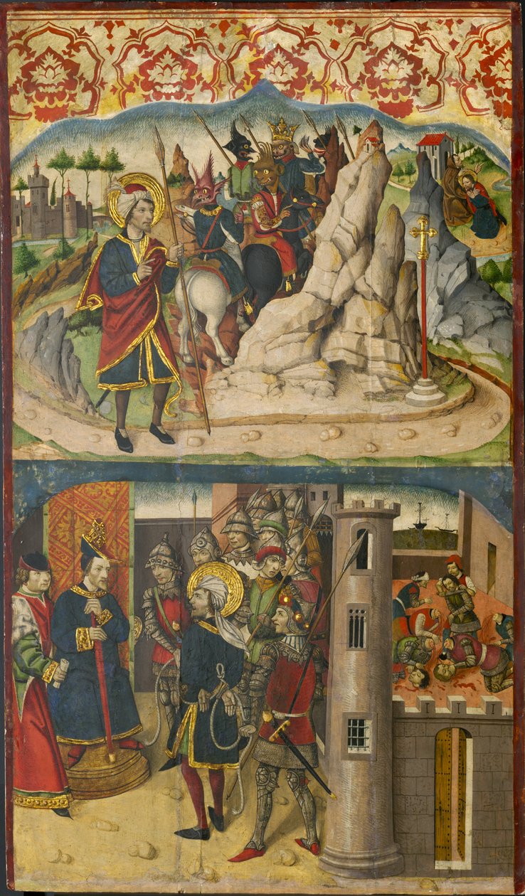 Szent Kristóf találkozik a Sátánnal, Szent Kristóf Lycia királya előtt, 1480-85 alkotó: Martín de Soria
