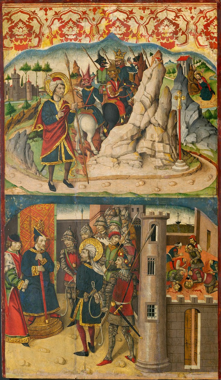 Szent Kristóf találkozik a Sátánnal, Szent Kristóf Lycia királya előtt, 148085. alkotó: Martín de Soria
