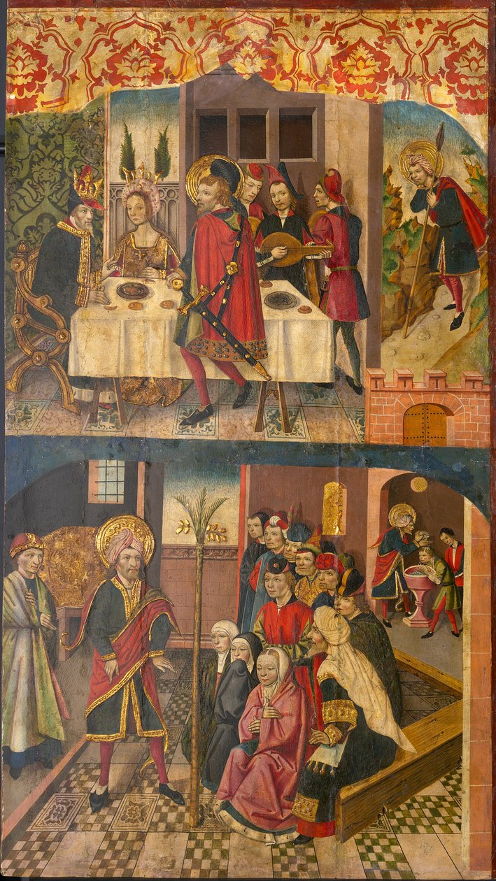 Szent Kristóf búcsút vesz a királytól, aki félt a Sátántól; Szent Kristóf és hittérítői alkotó: Martín de Soria