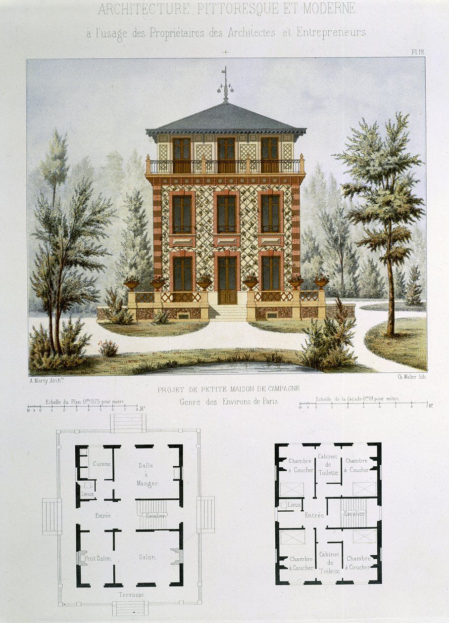 Egy Párizs melletti kis vidéki ház projektje, Walter gravírozása, 12. tábla az „Architecture Pittoresque et Moderne”-ból alkotó: Marty