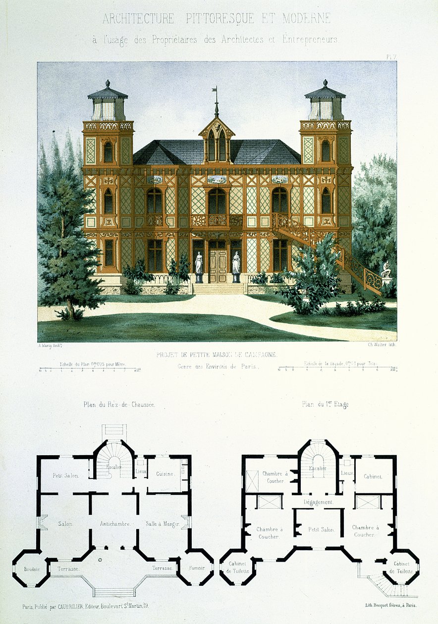 Egy kis vidéki ház terve Párizs közelében, Walter metszete, 7. tábla az "Architecture Pittoresque et Moderne" című kötetből. alkotó: Marty