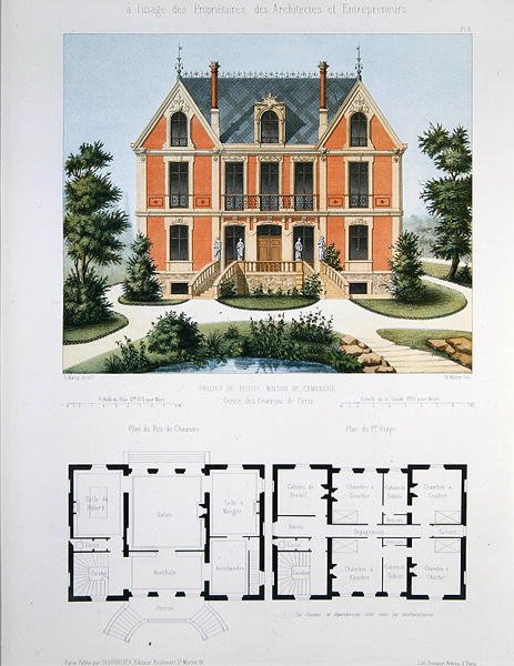 Egy Párizs melletti kis vidéki ház projektje, Walter gravírozása, 6. tábla az „Architecture Pittoresque et Moderne”-ból (színes litó) alkotó: Marty (after)