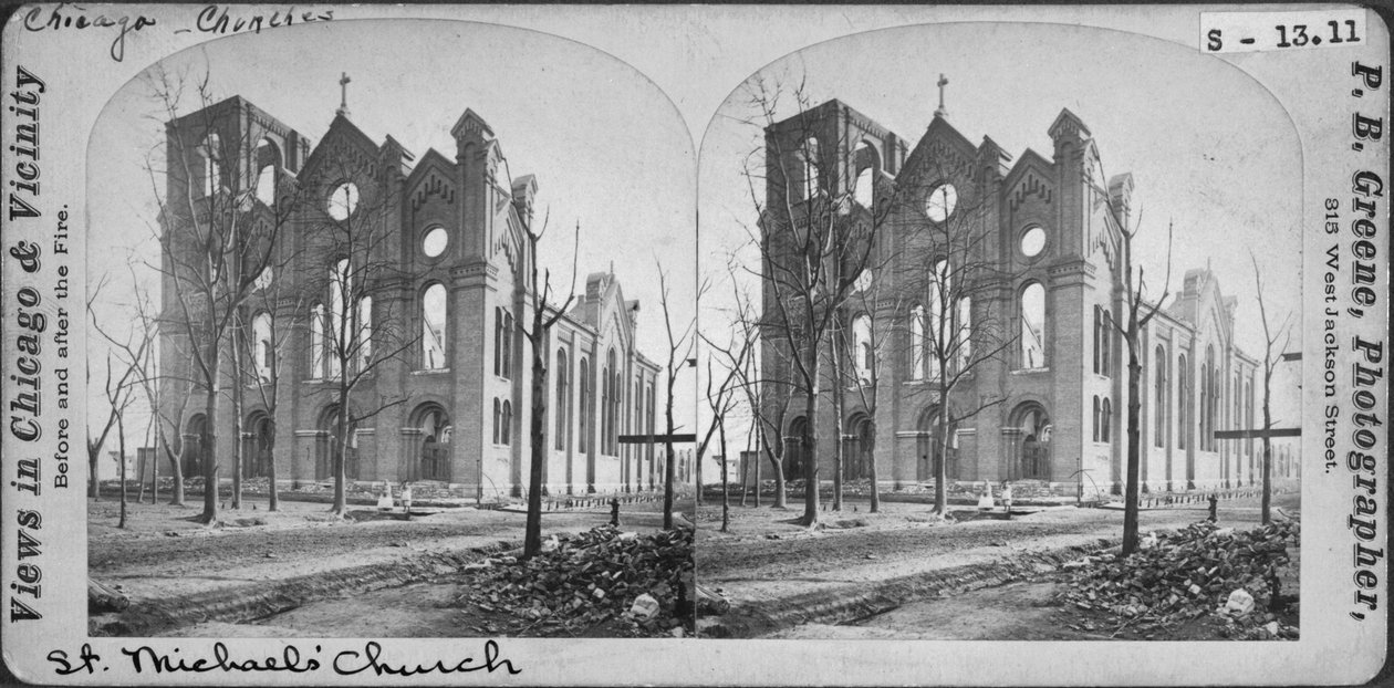 A Szent Mihály-templom sztereográfiája az 1871-es, 1871-es chicagói tűzvész után (bw fotó a kártyatartón) alkotó: Mary C. Greene