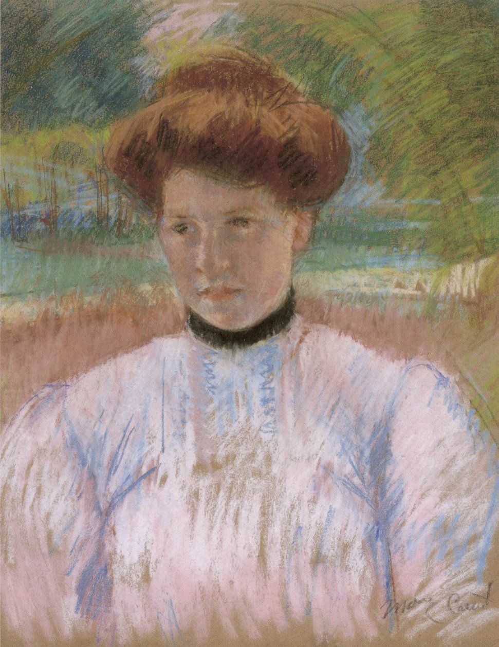 Fiatal nő, barna hajjal, rózsaszín blúzban alkotó: Mary Cassatt