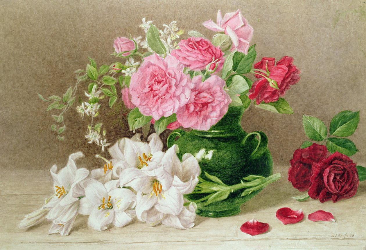 Rózsa és liliomok (akvarell) alkotó: Mary Elizabeth Duffield