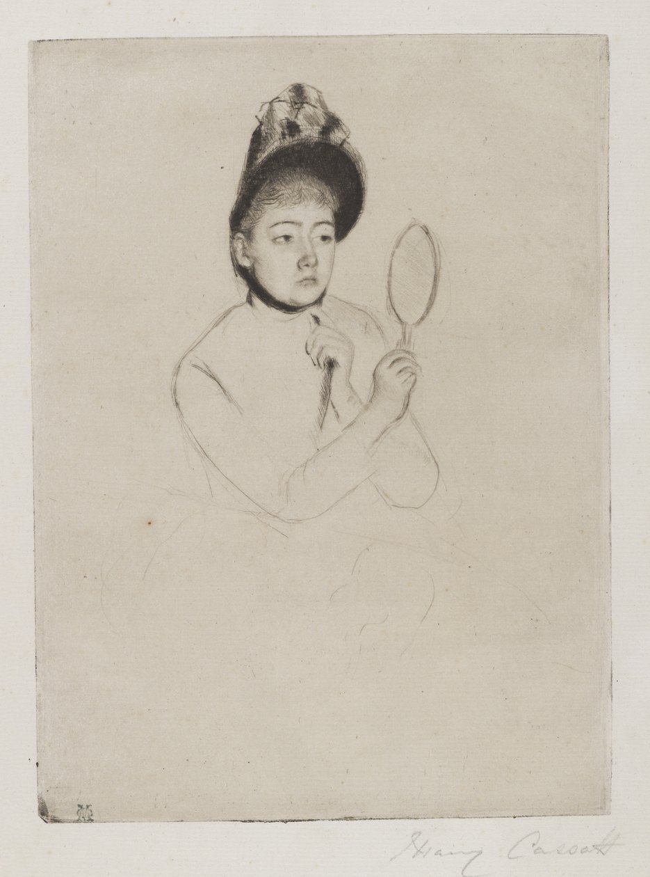 Femme au Mirror (The Bonnet), 1891 körül (szárazpont, krémszínű fektetett papíron) alkotó: Mary Cassatt