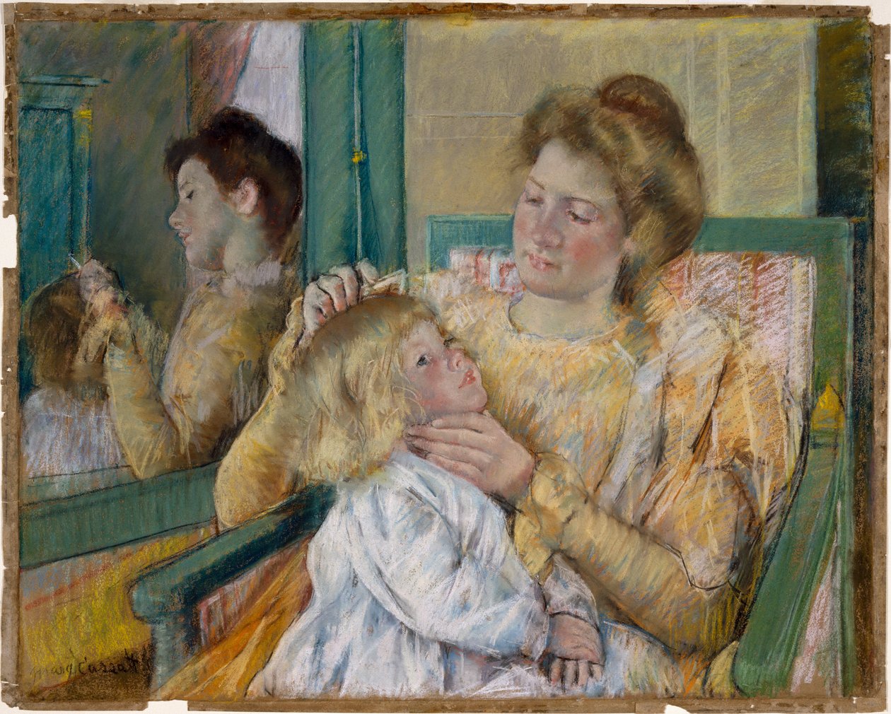 Gyermekei haját fésülködő anya, 1901 körül (pasztell szürke papíron) alkotó: Mary Cassatt