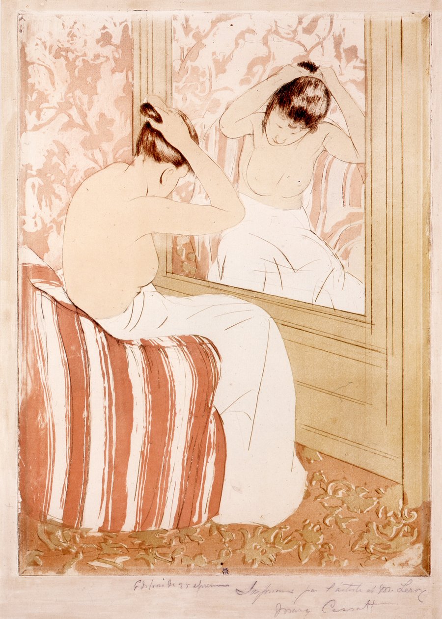 The Coiffure (tinta és szén papíron) alkotó: Mary Cassatt