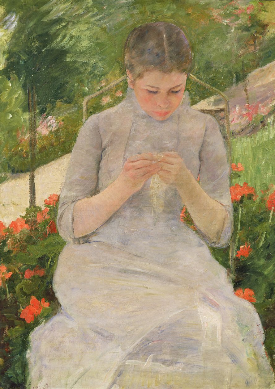Fiatal nő varr a kertben, 1880-82 körül alkotó: Mary Cassatt