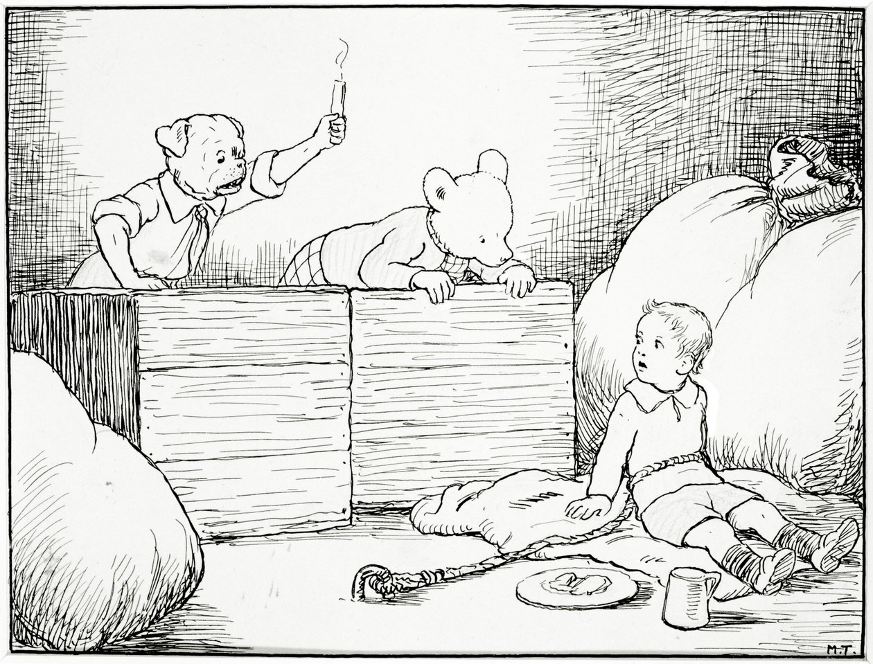 Láttak egy kisfiú felfordított arcát, amint ijedten nézte őket, illusztráció: Rupert Bear Goes Hiking, kocsma. készítette: Marston & Co., London, 1920-as évek (toll és tinta, zsírkréta papíron) alkotó: Mary Tourtel