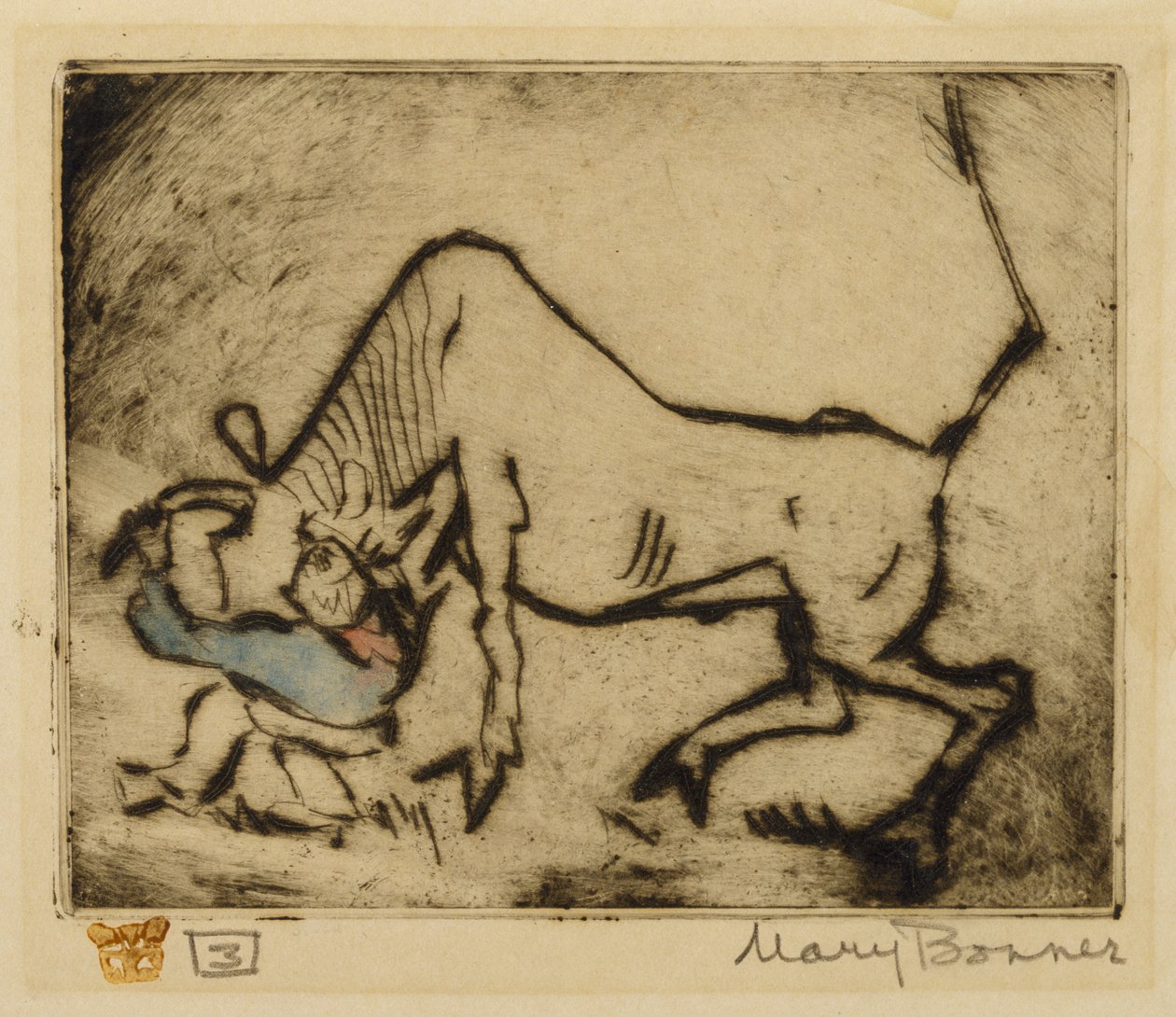 Bull-Dogging (kézzel színezett rézkarc) alkotó: Mary Bonner