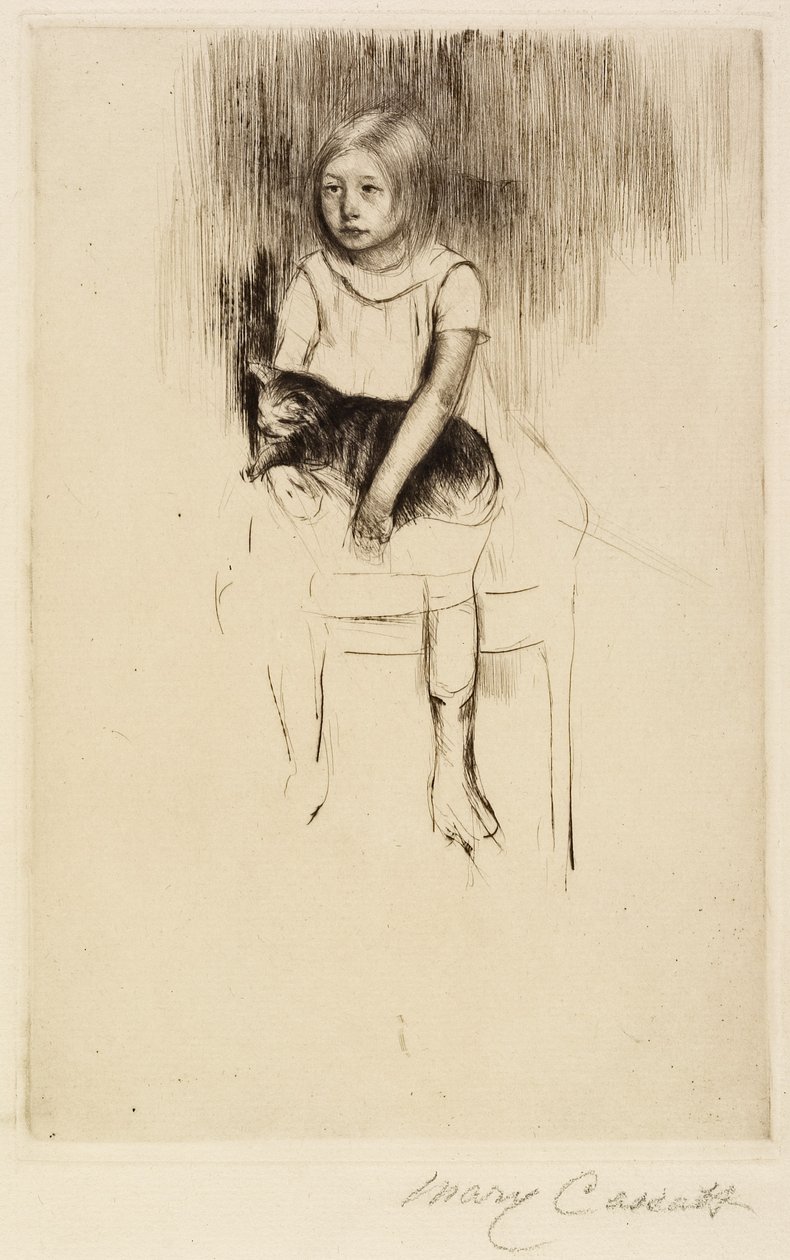 Ellen macskát tart, balra néz, c. 1887 alkotó: Mary Cassatt