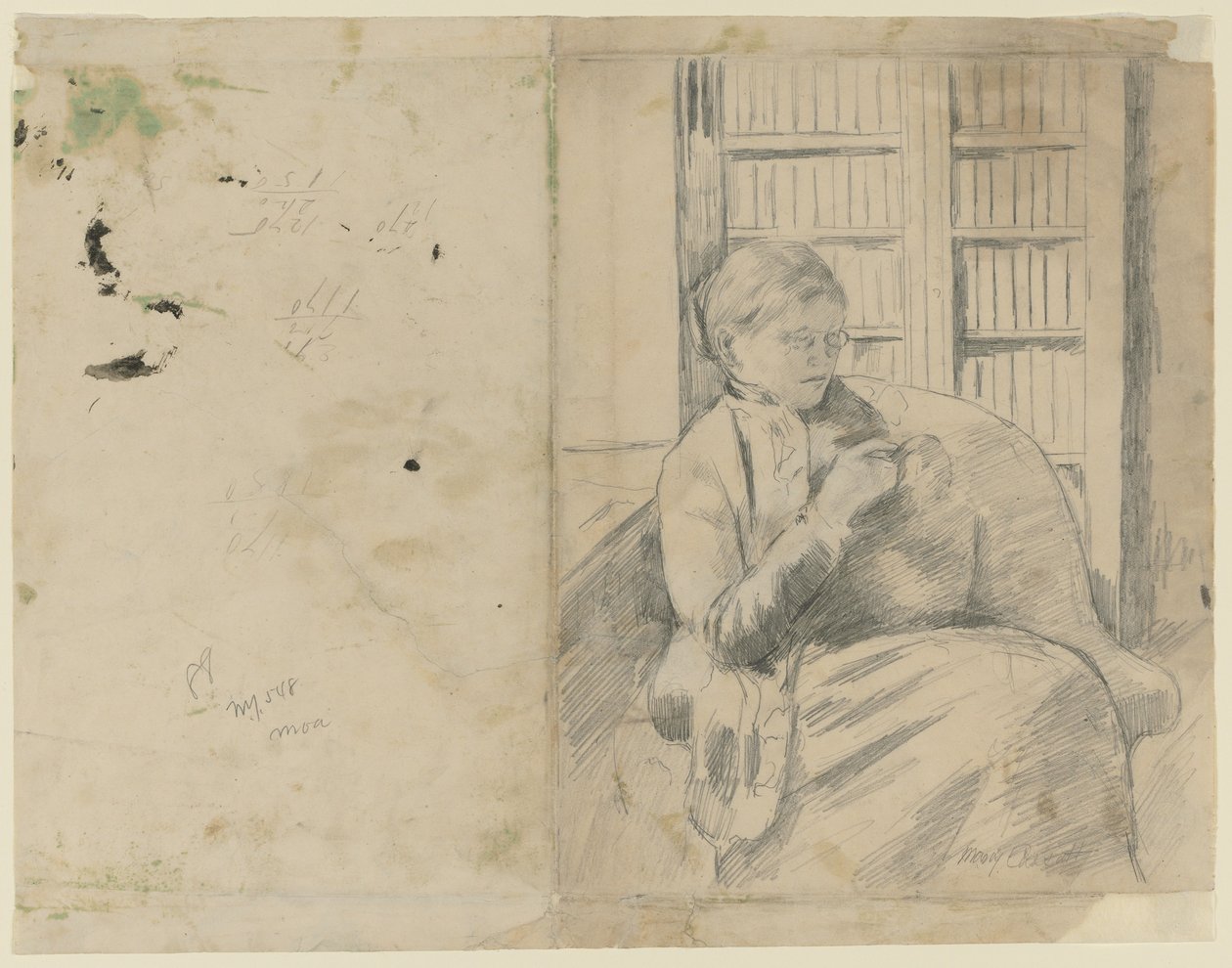 Kötés a könyvtárban recto, Kötés a könyvtárban verso, c. 1881. alkotó: Mary Cassatt