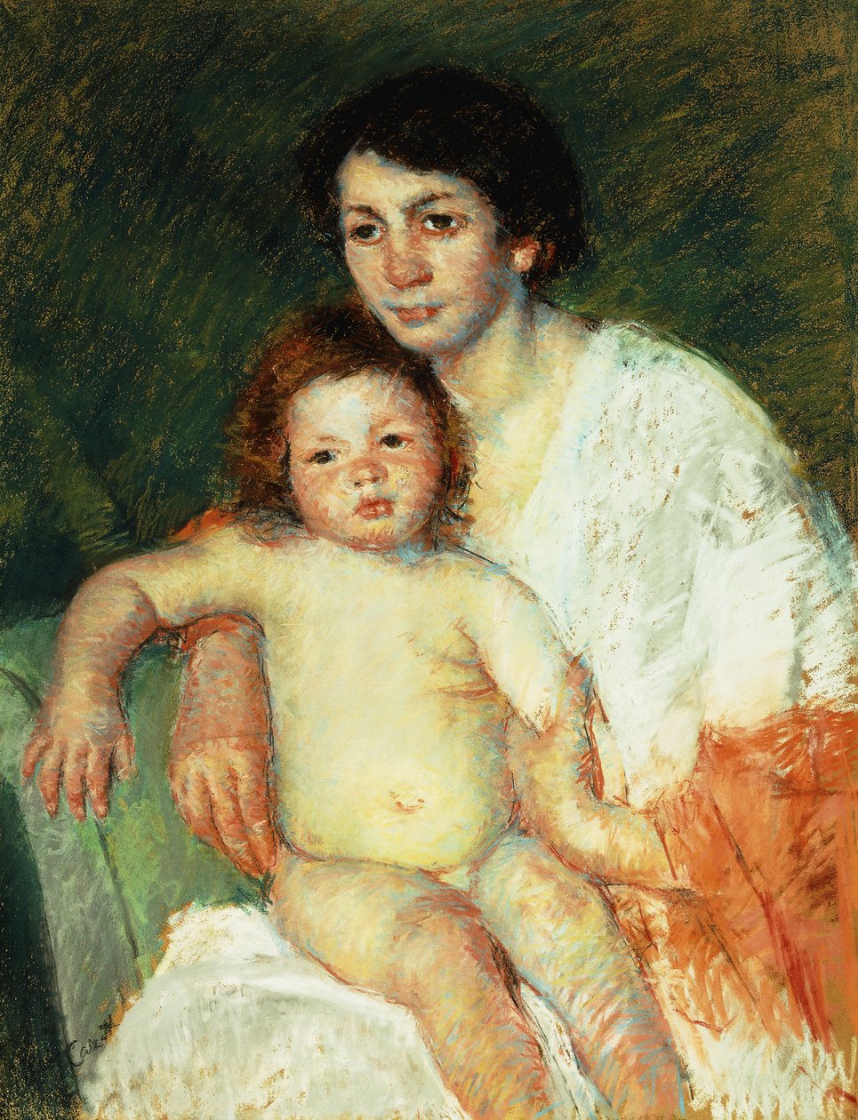 Meztelen baba anya ölében, jobb karját a szék támláján támasztja, 1913 alkotó: Mary Cassatt