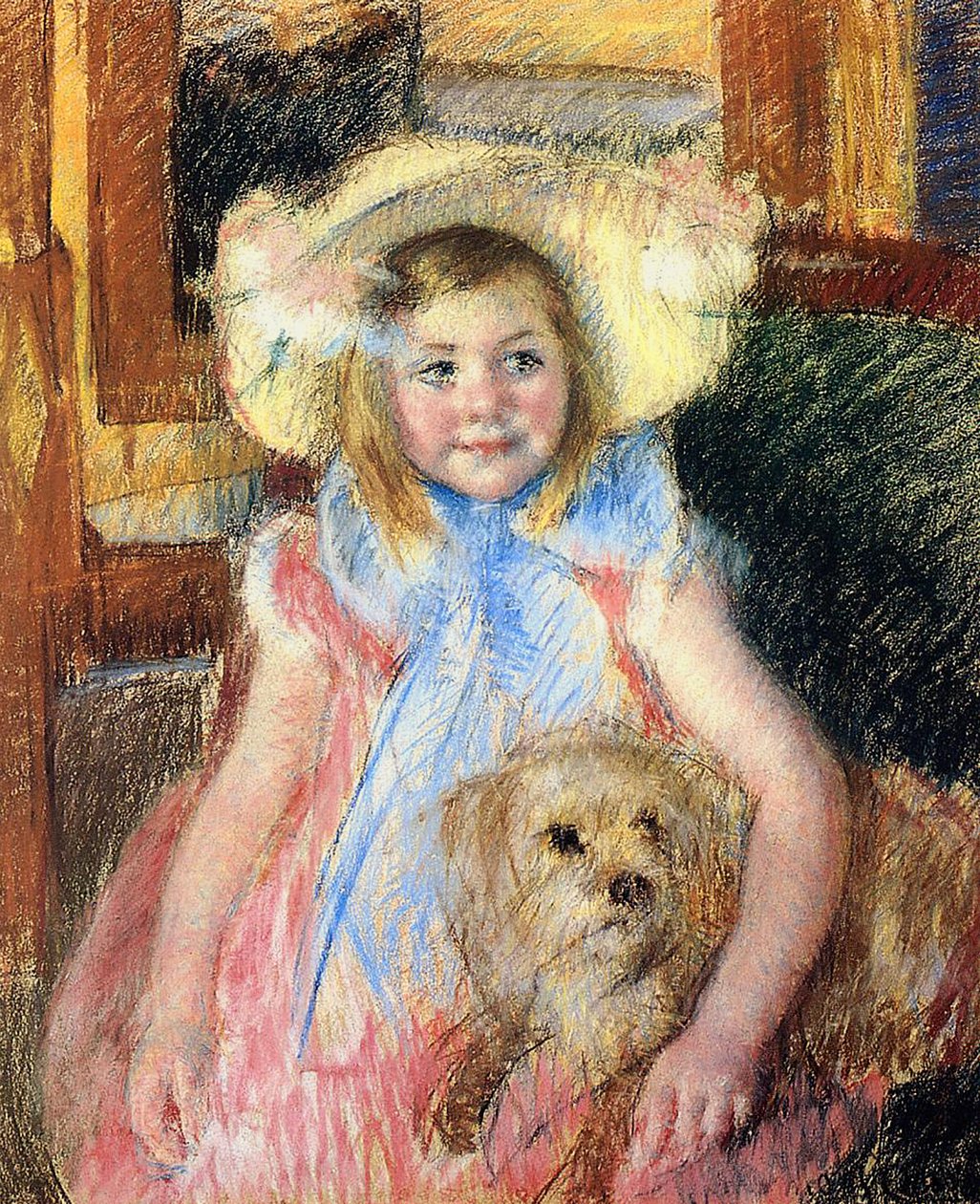 Sara nagy virágos kalapban, jobbra néz, kutyát tart, 1901 körül (pasztell, papír) alkotó: Mary Cassatt