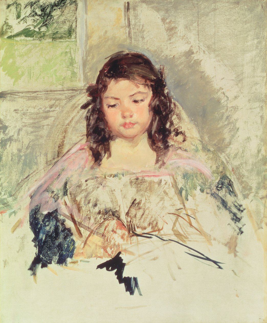 Vázlat a "Francoise kerek hátú székben, olvas" vagy az "Egy lány rózsaszínben" c.1908-hoz alkotó: Mary Cassatt