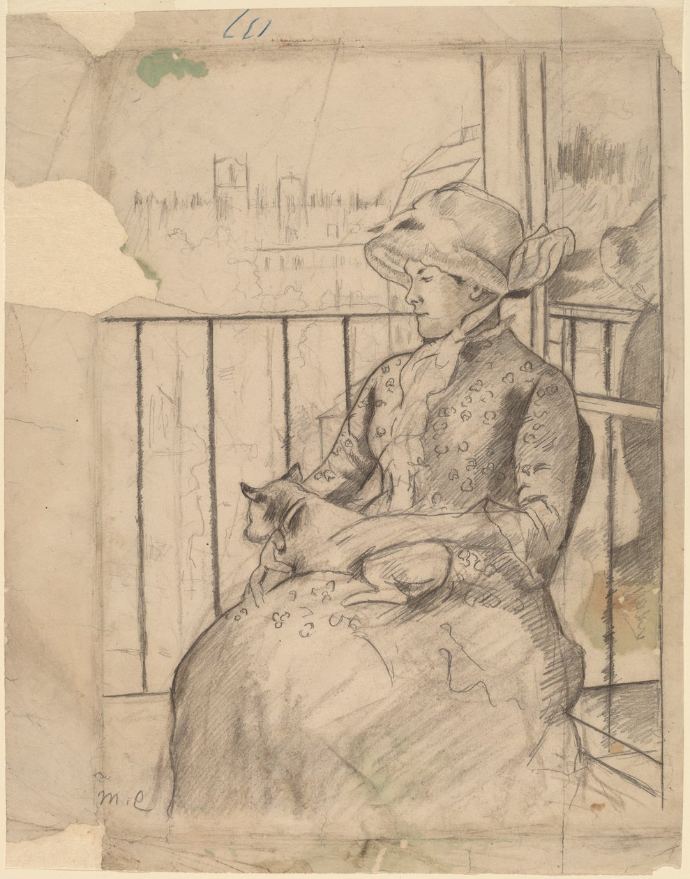 Susan az erkélyen kutyát tartva [recto] alkotó: Mary Cassatt