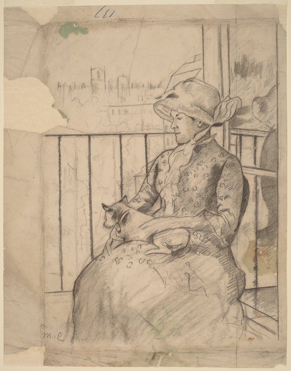 Susan egy erkélyen, kutyát tartva [előlap] alkotó: Mary Cassatt