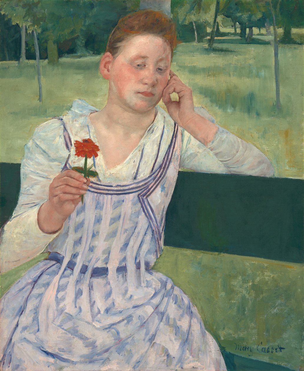 Nő egy vörös zinniával alkotó: Mary Cassatt
