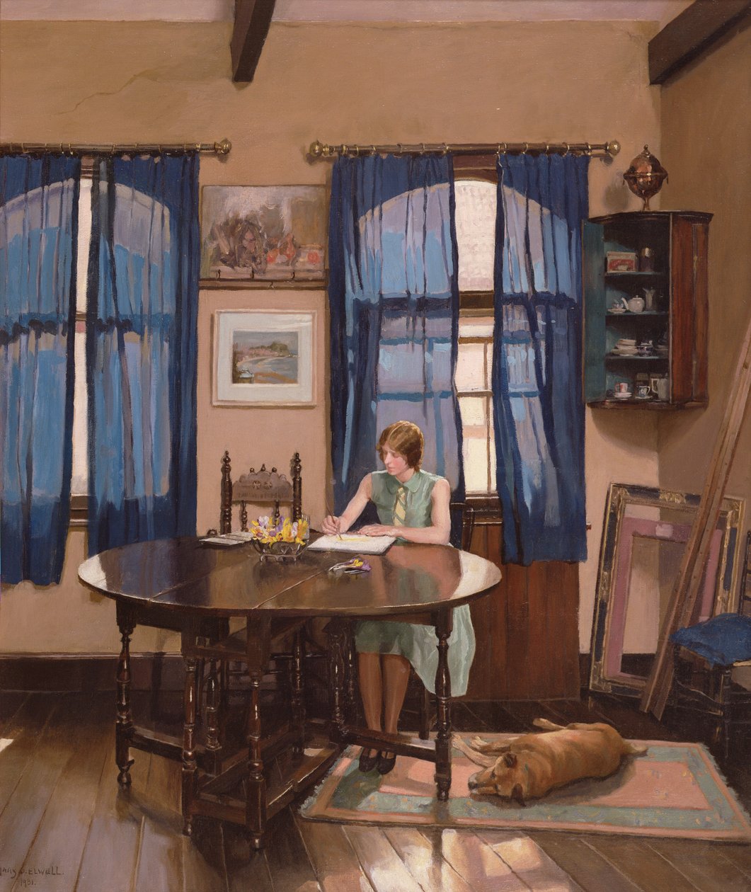 Belső egy nő művész festmény egy kapu láb asztalnál alkotó: Mary Dawson Elwell