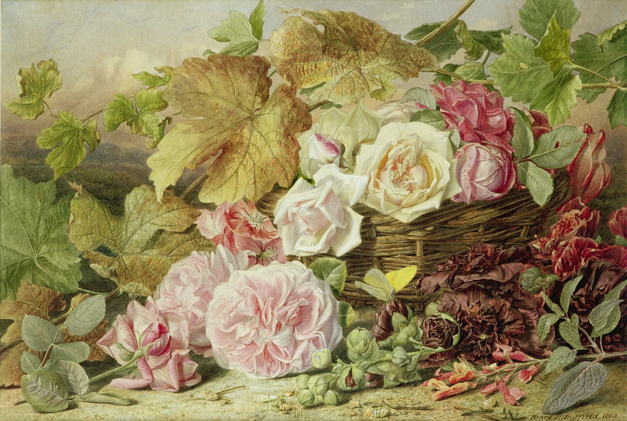 Pünkösdi rózsa, rózsa és mályvacsont, 1862 alkotó: Mary Elizabeth Duffield