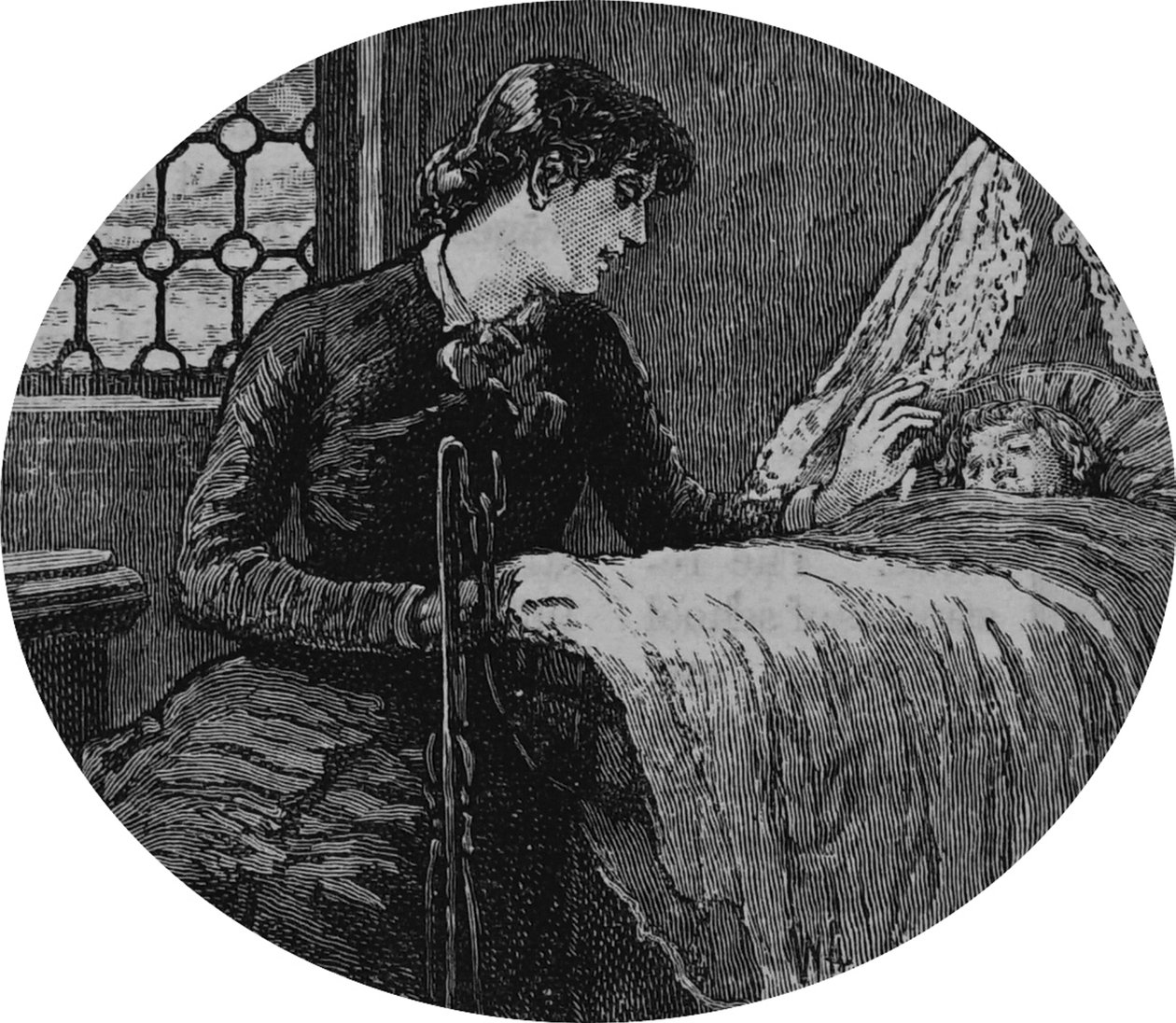 Egy anya alvó gyermekét vizsgálja alkotó: Mary Ellen Edwards