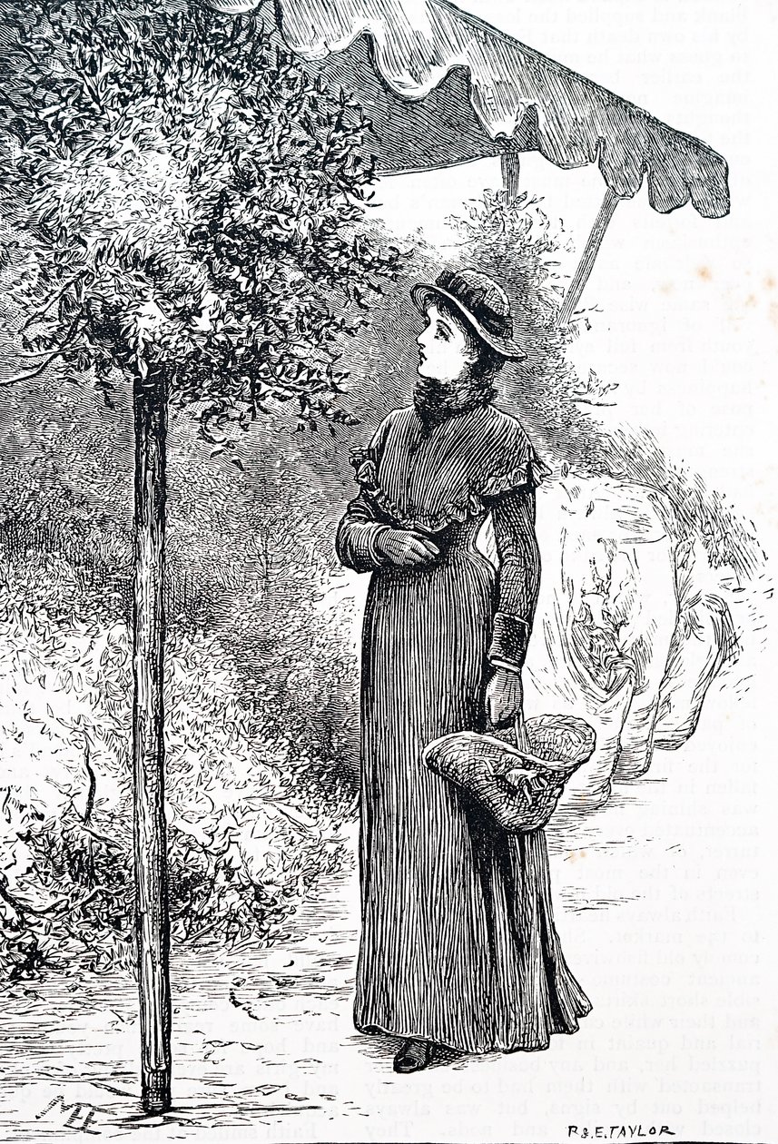 Egy nő magyalt vásárol karácsonyi dekorációhoz. Írta: Mary Ellen Edwards (1838-1934) angol művész alkotó: Mary Ellen Edwards