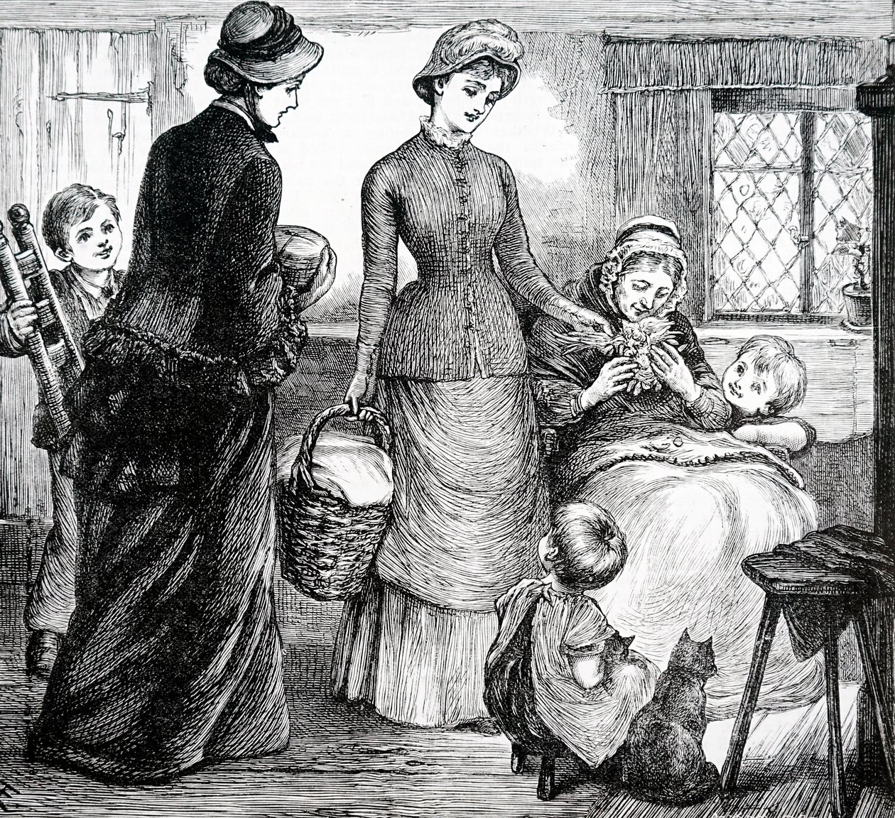 Egy nő ajándékot ad egy szegény házikónak. Írta: Mary Ellen Edwards (1838-1934) angol művész alkotó: Mary Ellen Edwards