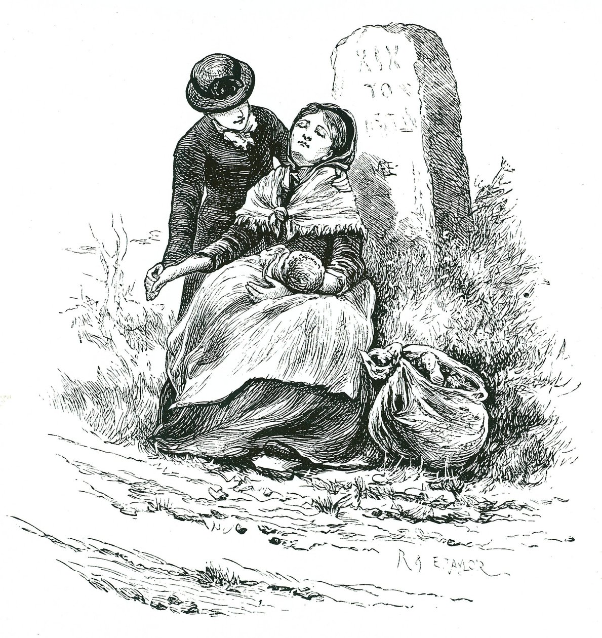 Egy nyomorgó, hajadon anyát kimerülten találtak kisbabájával a Workhouse felé menet. Thomas Hardy regényére emlékeztető jelenet, de nem ritka a vidéki területeken szerte az országban. Illusztráció: Mary Ellen Edwards c1881. alkotó: Mary Ellen Edwards