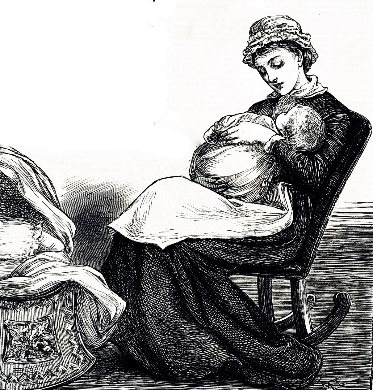 Egy metszet, amely egy anyát ábrázol, aki babáját ringatja. Illusztrált Mary Ellen Edwards (1838-1934) angol művész és gyermekkönyvek termékeny illusztrátora alkotó: Mary Ellen Edwards