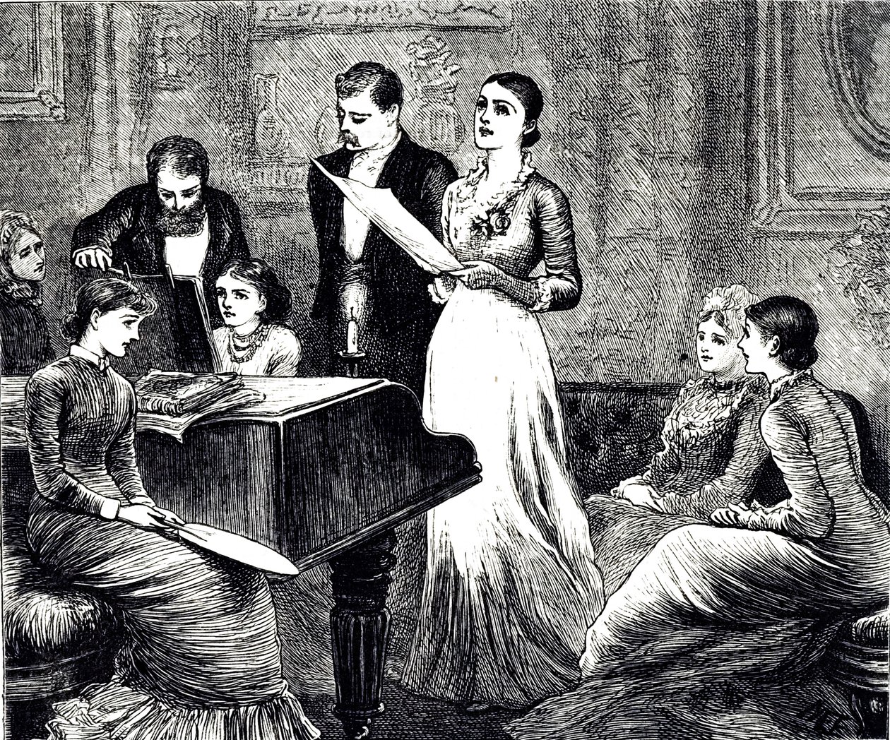 Zenés estét ábrázoló metszet. Illusztrálta: Mary Ellen Edwards (1838-1934) angol művész és gyermekkönyv-illusztrátor alkotó: Mary Ellen Edwards
