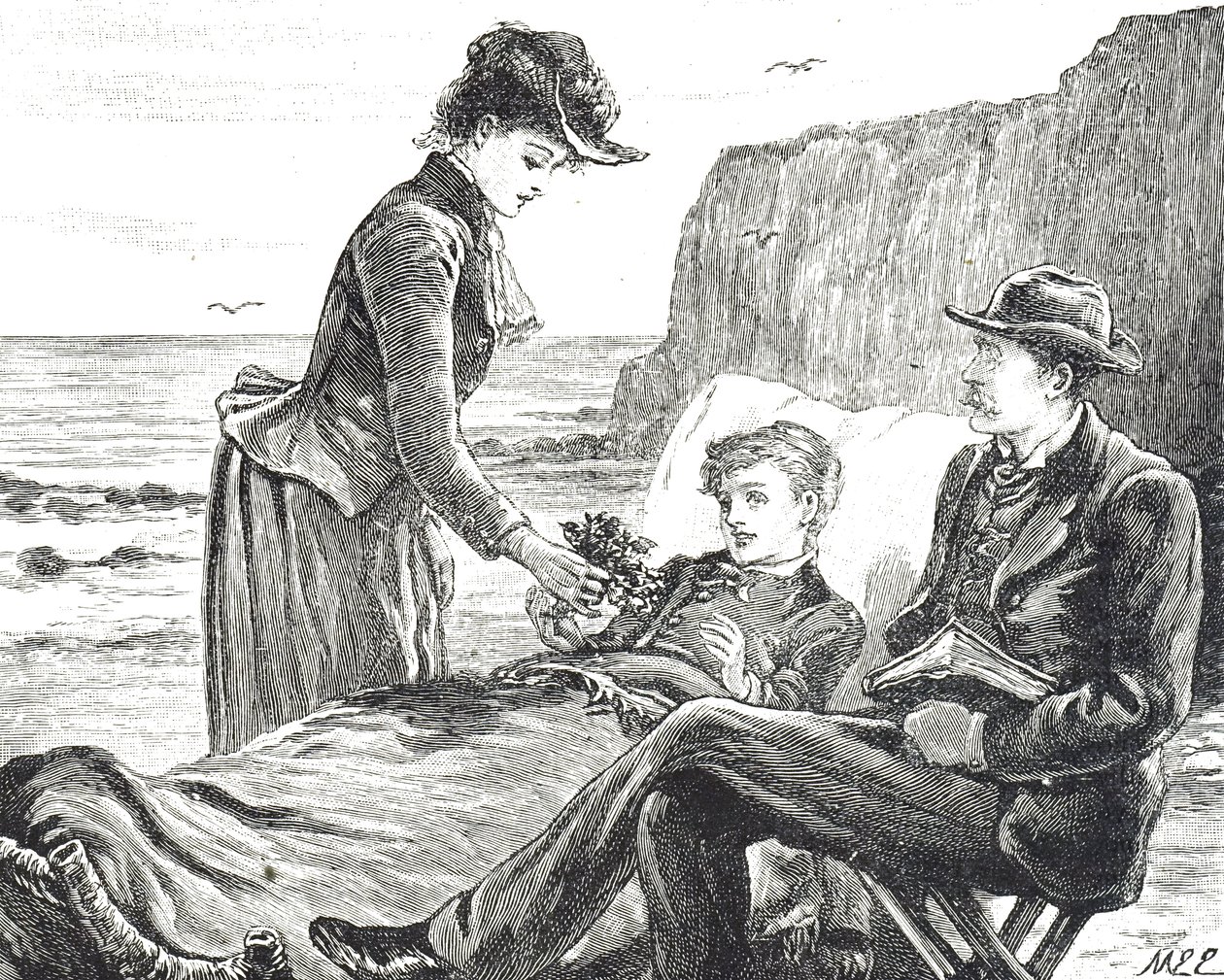 Egy nyomorék fiút ábrázoló metszet a tengerparton alkotó: Mary Ellen Edwards