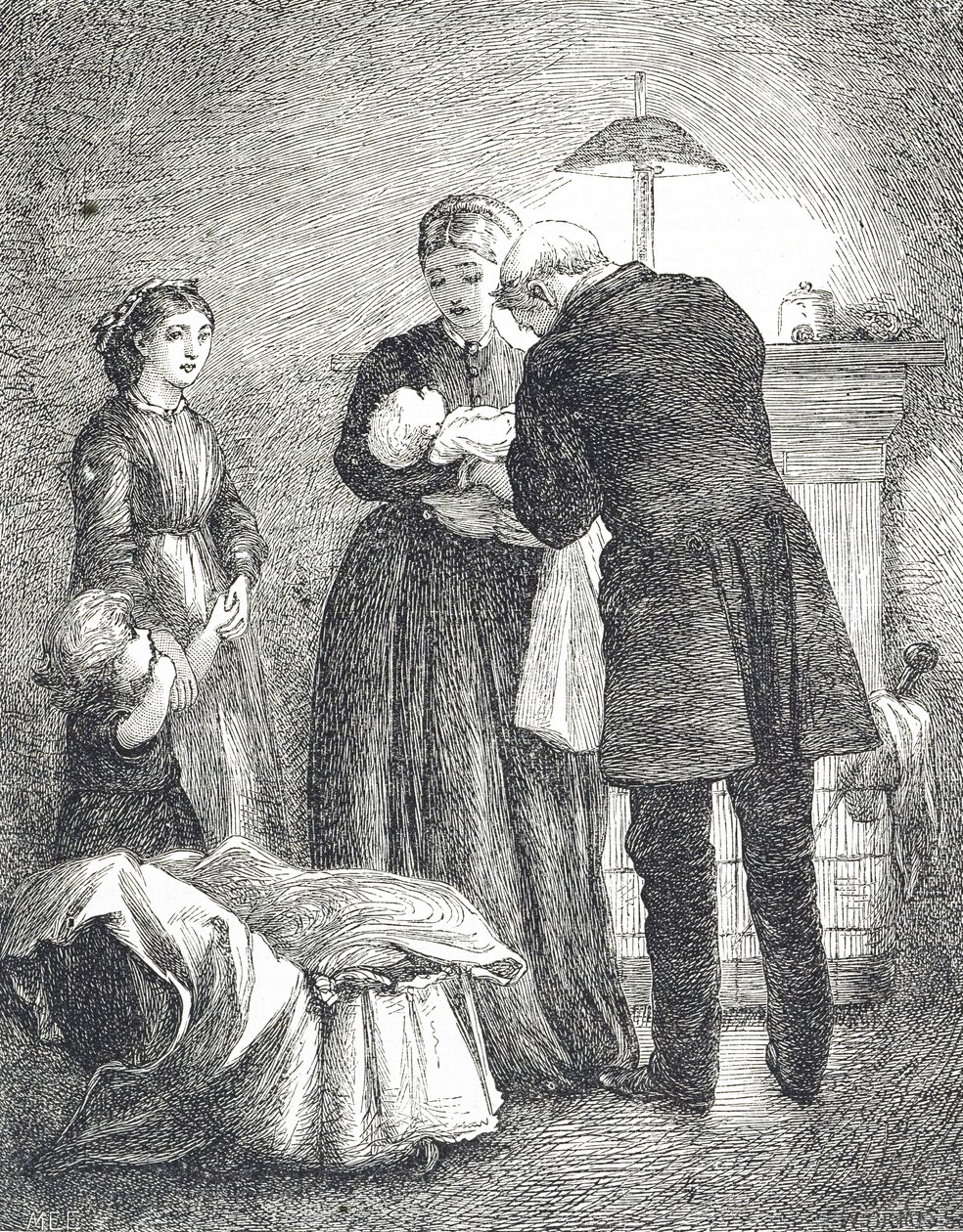 Metszet, amely egy kanyarós babát vizsgáló orvost ábrázol alkotó: Mary Ellen Edwards
