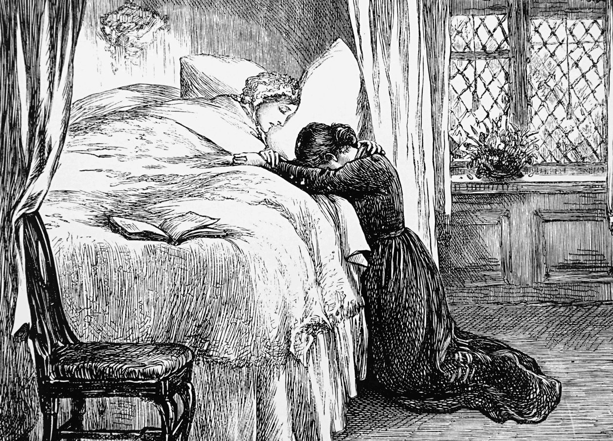Illusztráció, amely egy lányt ábrázol, aki az anyja halálos ágyán sír alkotó: Mary Ellen Edwards