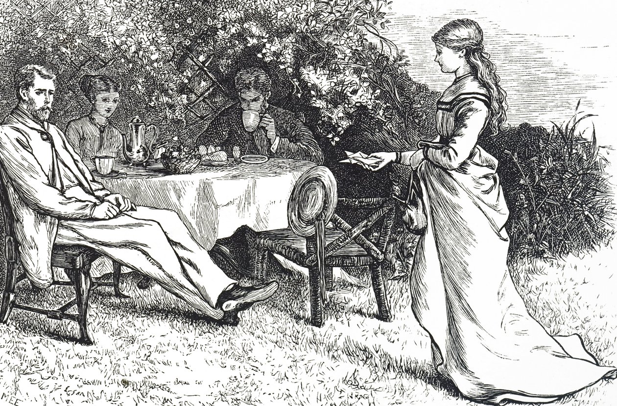A kertben reggeliző családot ábrázoló illusztráció alkotó: Mary Ellen Edwards