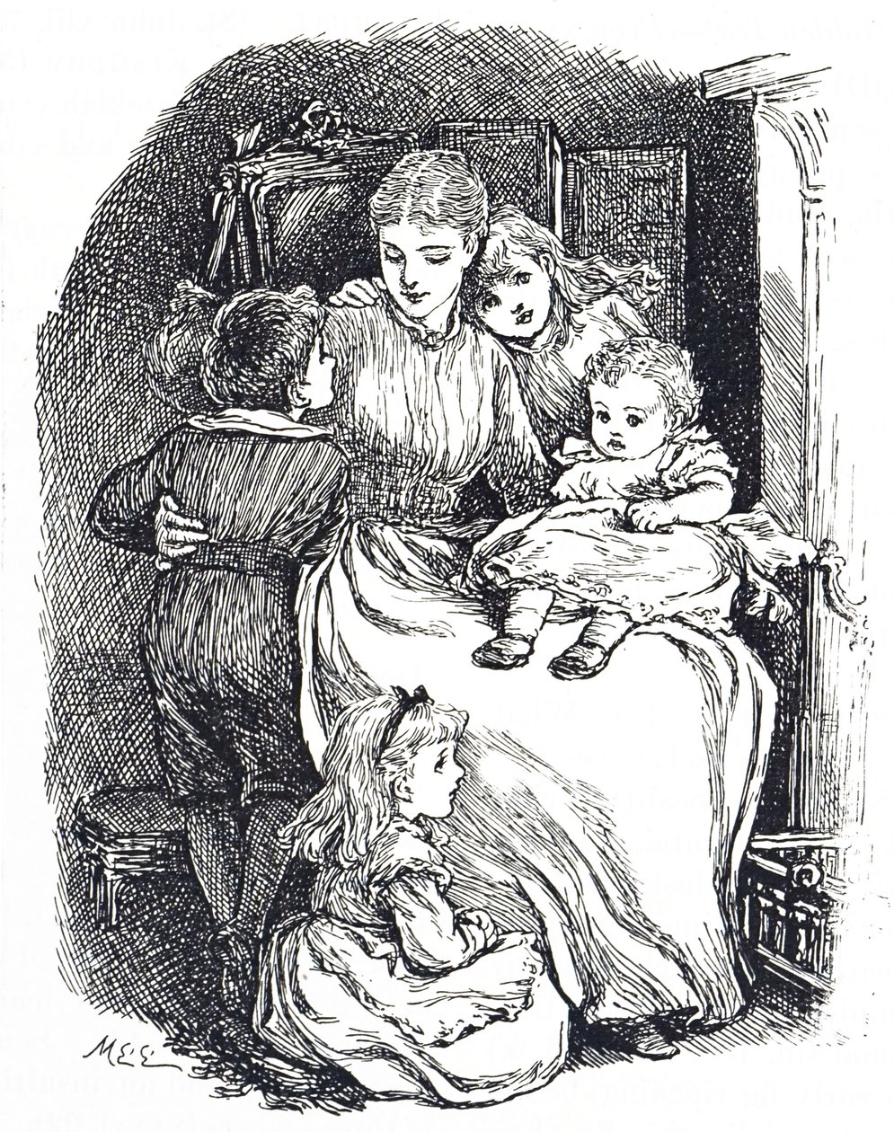 Illusztráció, amely egy anyát a gyermekeivel ábrázol alkotó: Mary Ellen Edwards