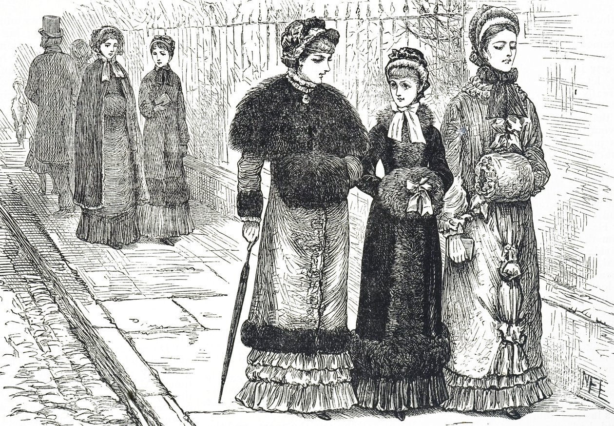 Illusztráció fiatal nőket ábrázoló muffal, hogy melegen tartsák a kezüket a hidegebb időben alkotó: Mary Ellen Edwards