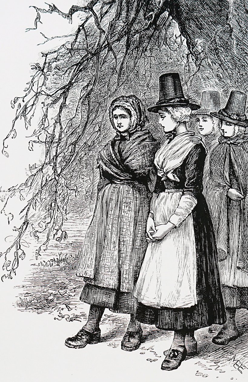 Walesi lányok egy hollantide-i vásáron, egy bérbeadó vásáron, arra várva, hogy elfoglalják őket háztartási alkalmazottként alkotó: Mary Ellen Edwards