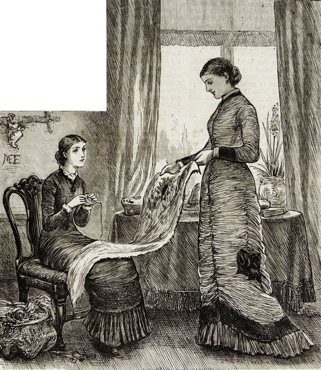 Fiatal nő csodálja barátja hímzését alkotó: Mary Ellen Edwards