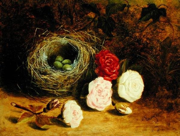 Madárfészek és rózsa csendélet (olaj, vászon) alkotó: Mary Ensor