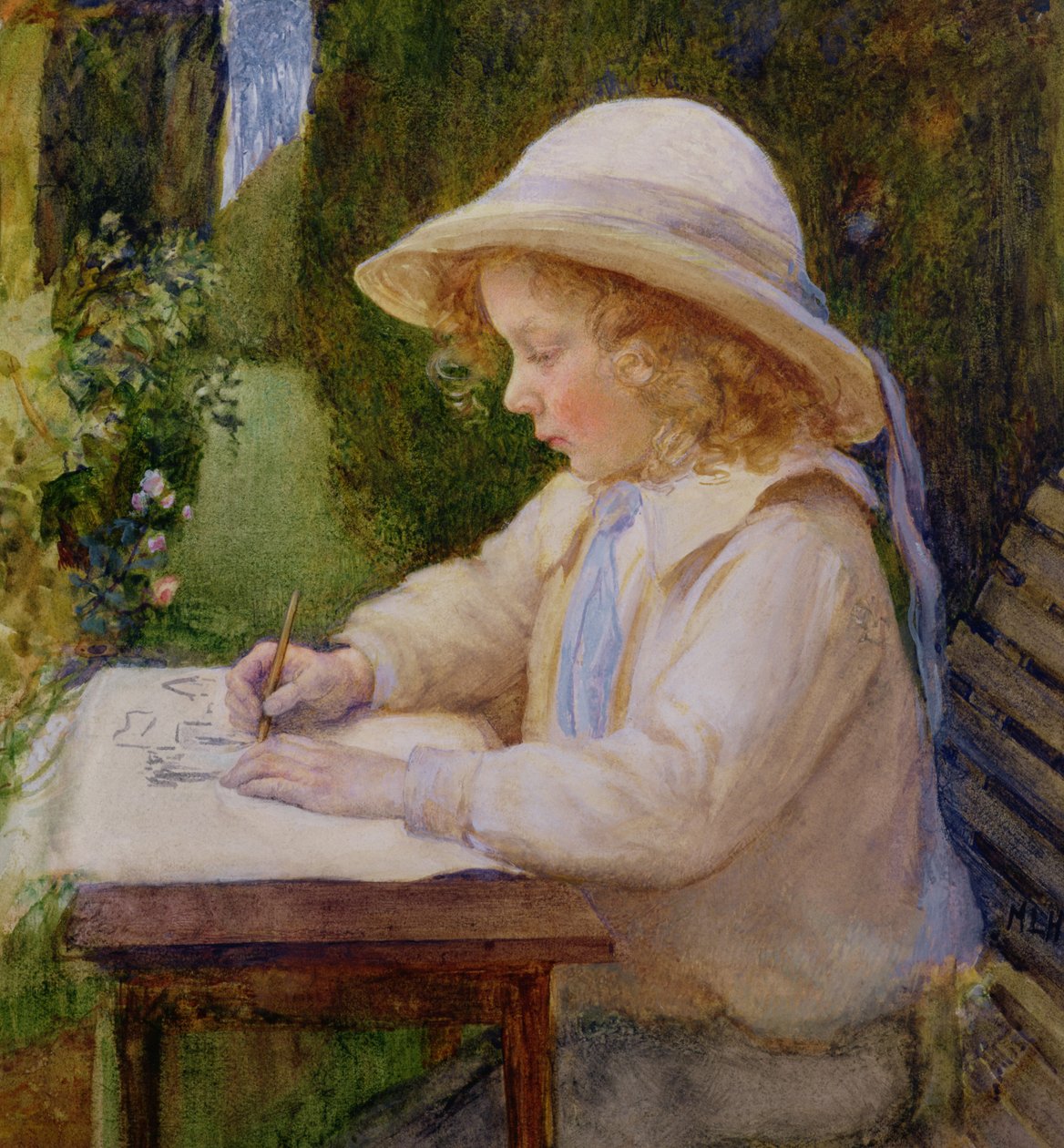 Lány rajzol egy kerti asztalon (tanulmány) alkotó: Mary Harcourt