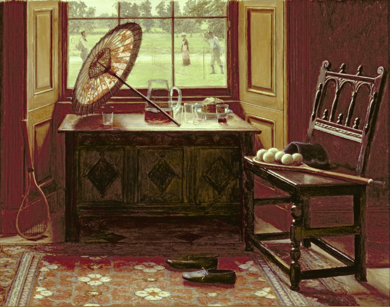 A gyeptenisz szezonja, 1881 (olaj, kártya) alkotó: Mary Hayllar