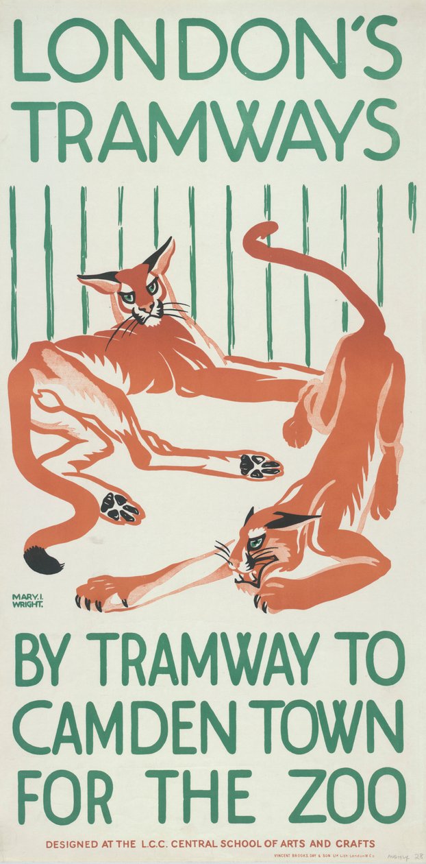 „Villamosúton Camden Townba az állatkertért”, London Megyei Tanács LCC Tramways plakátja, 1924 alkotó: Mary I Wright