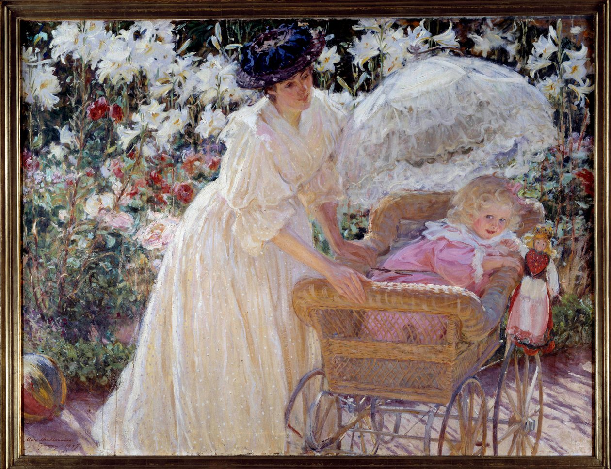 Rózsa és liliom Egy anya és kislánya babakocsiban a virágoskertben. Mary Mac Monnies (1858-1946) festménye, 1897 Rouen, Szépművészeti Múzeum alkotó: Mary Louise MacMonnies