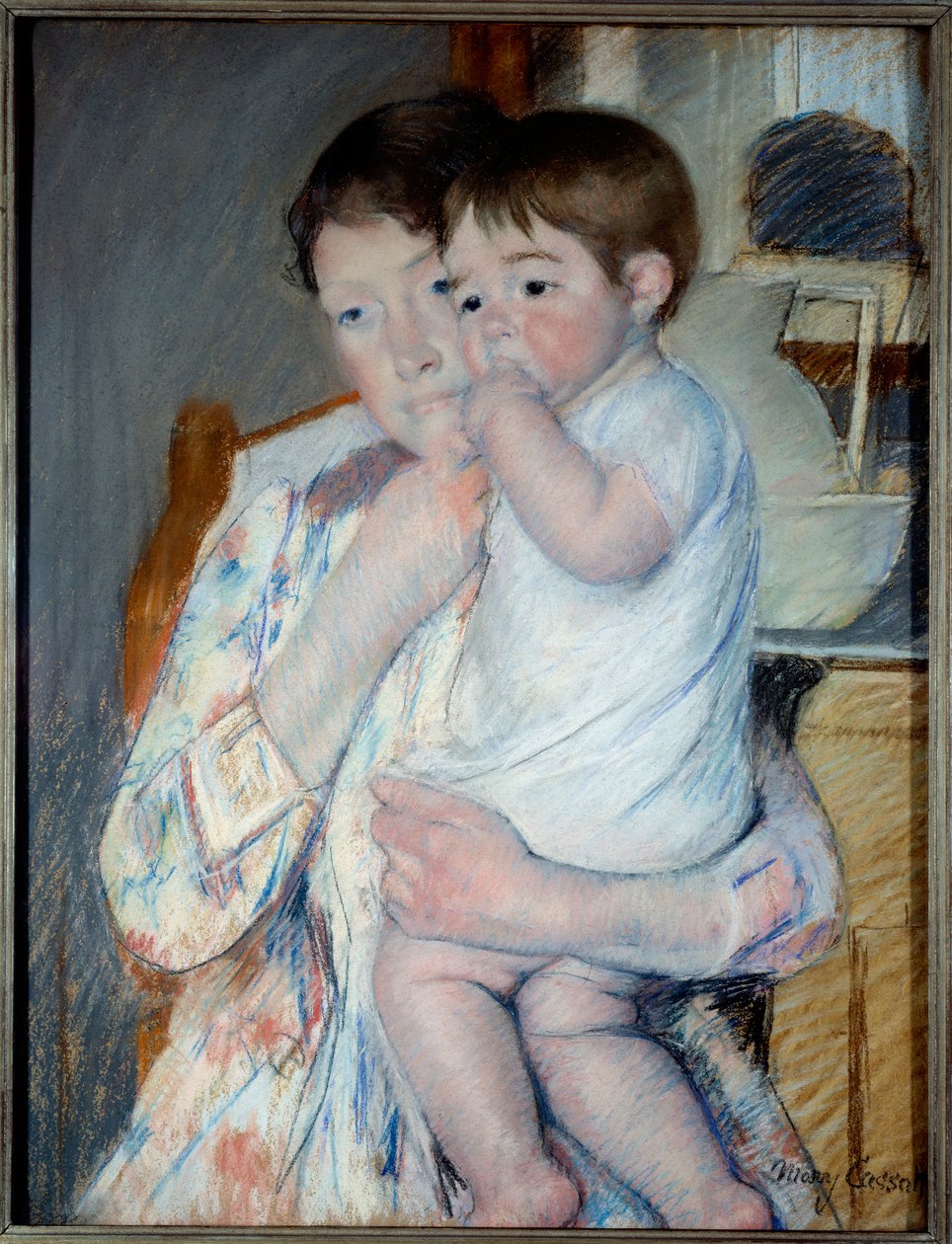 Nő és gyermek egy tablet előtt, ahol egy lekvár és egy tál van elhelyezve. Mary Cassatt festménye (1844-1926) Ec. Am alkotó: Mary Stevenson Cassatt