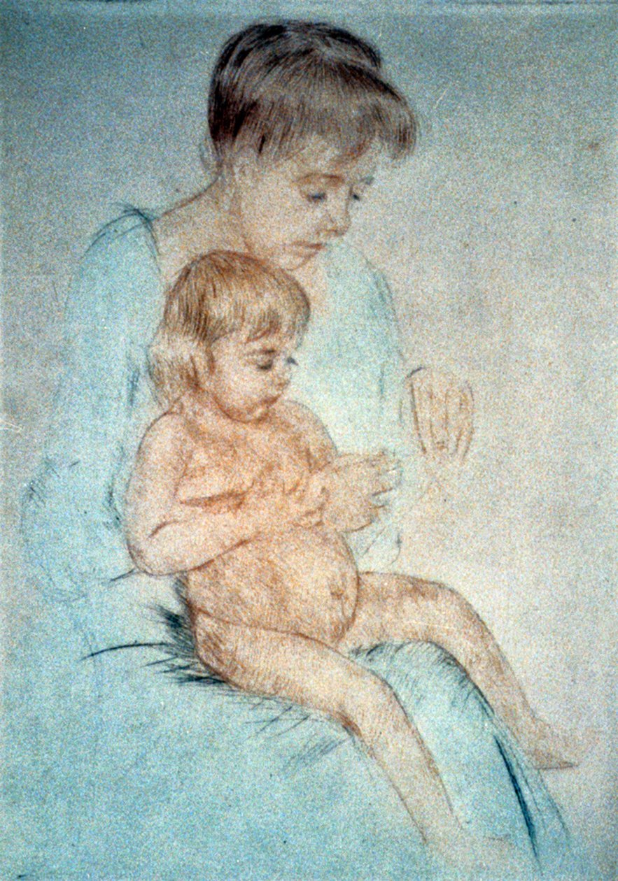 Nő, aki kis meztelen gyermeket tart az ölében, miközben a körmeit ápolja, c1904. Pasztell. Mary Cassatt (1844-1926) amerikai festő és nyomdász, aki 1866-tól főként Franciaországban élt. Házi anya gyermek alkotó: Mary Stevenson Cassatt