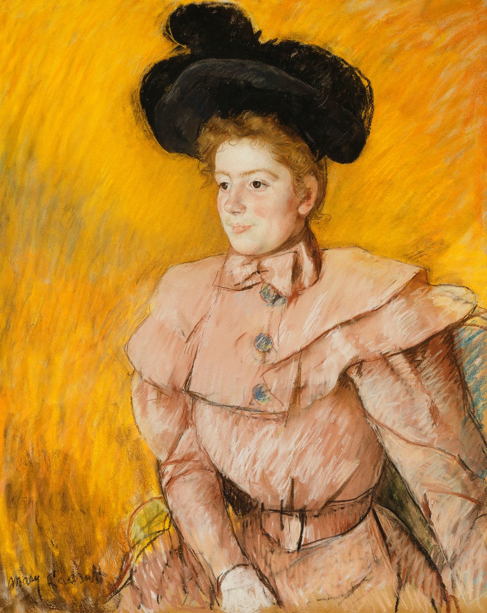 Nő fekete kalapban és málna rózsaszín jelmezben, 1899 körül alkotó: Mary Cassatt