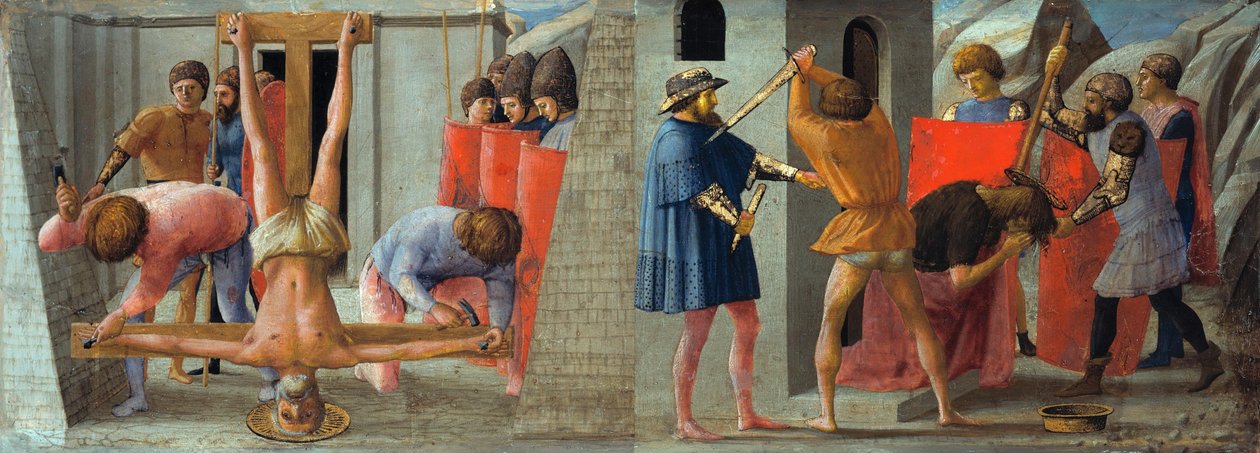 Olaszul:  Battista Péter apostol keresztre feszítése és Keresztelő János lefejezése. alkotó: Masaccio