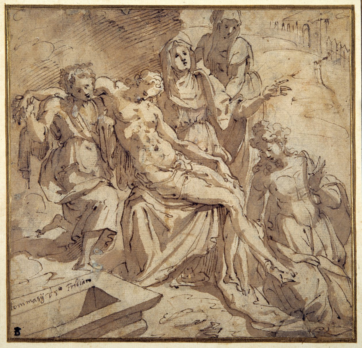 A Pieta (toll és barna tinta barna mosással fehér papíron) alkotó: Maso da San Friano